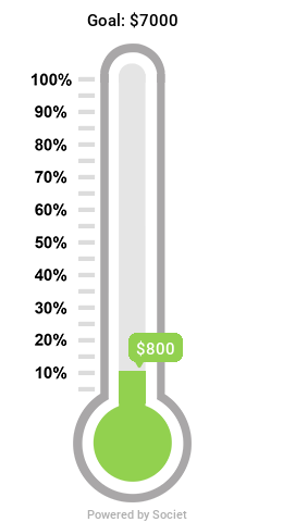 &ldquo;Vertical thermometer-style progress graphic showing $800 raised toward a $7,000 goal, reaching about 77%