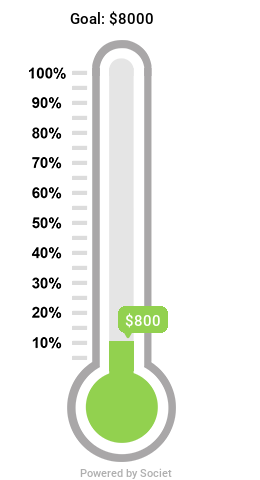 &ldquo;Vertical thermometer-style progress graphic showing $800 raised toward an $8,000 goal, reaching about 77%
