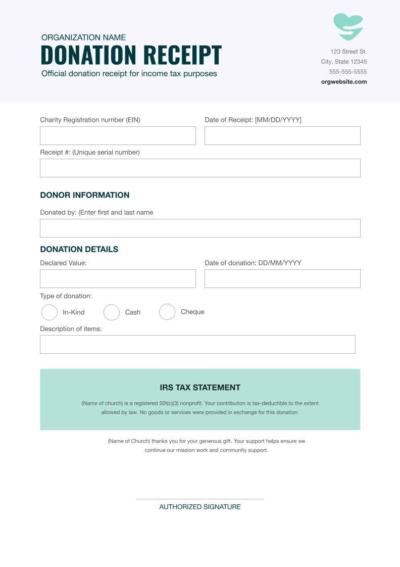 Free Church Religious Organization Donation Receipt US Template