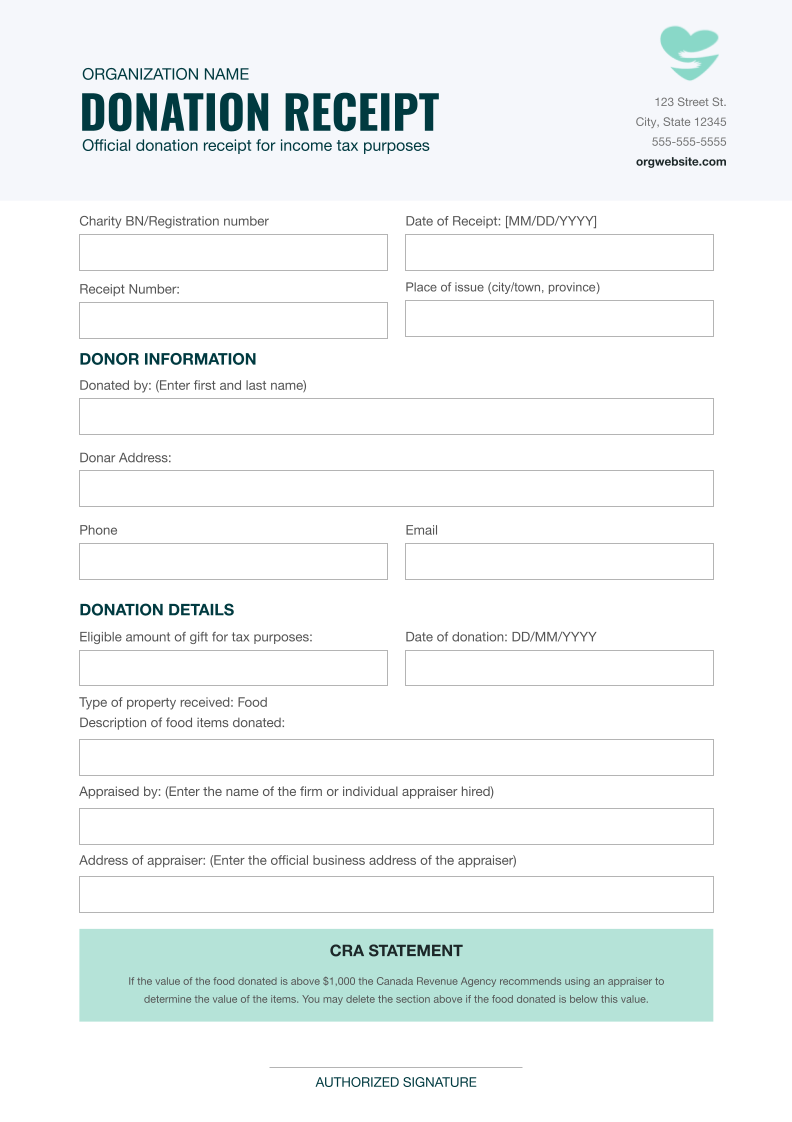 Free Food Donation Receipt Canada Template