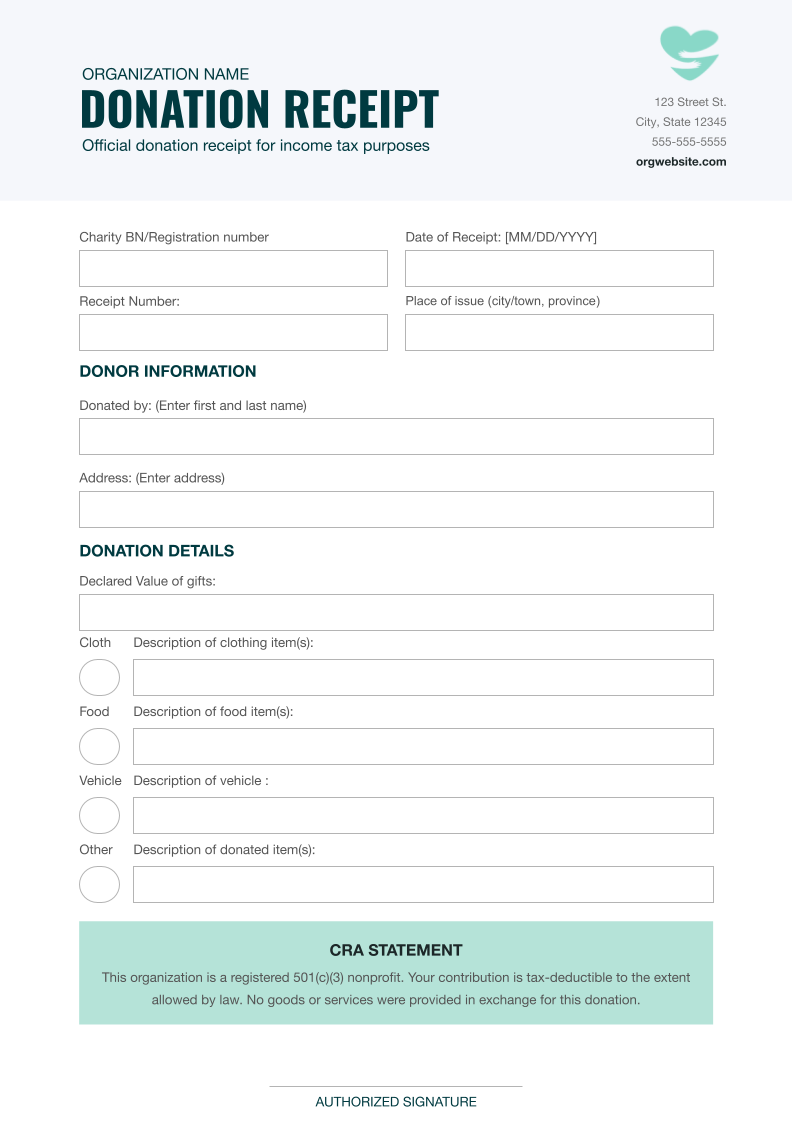 Free In-kind Donation Receipt Canada Template