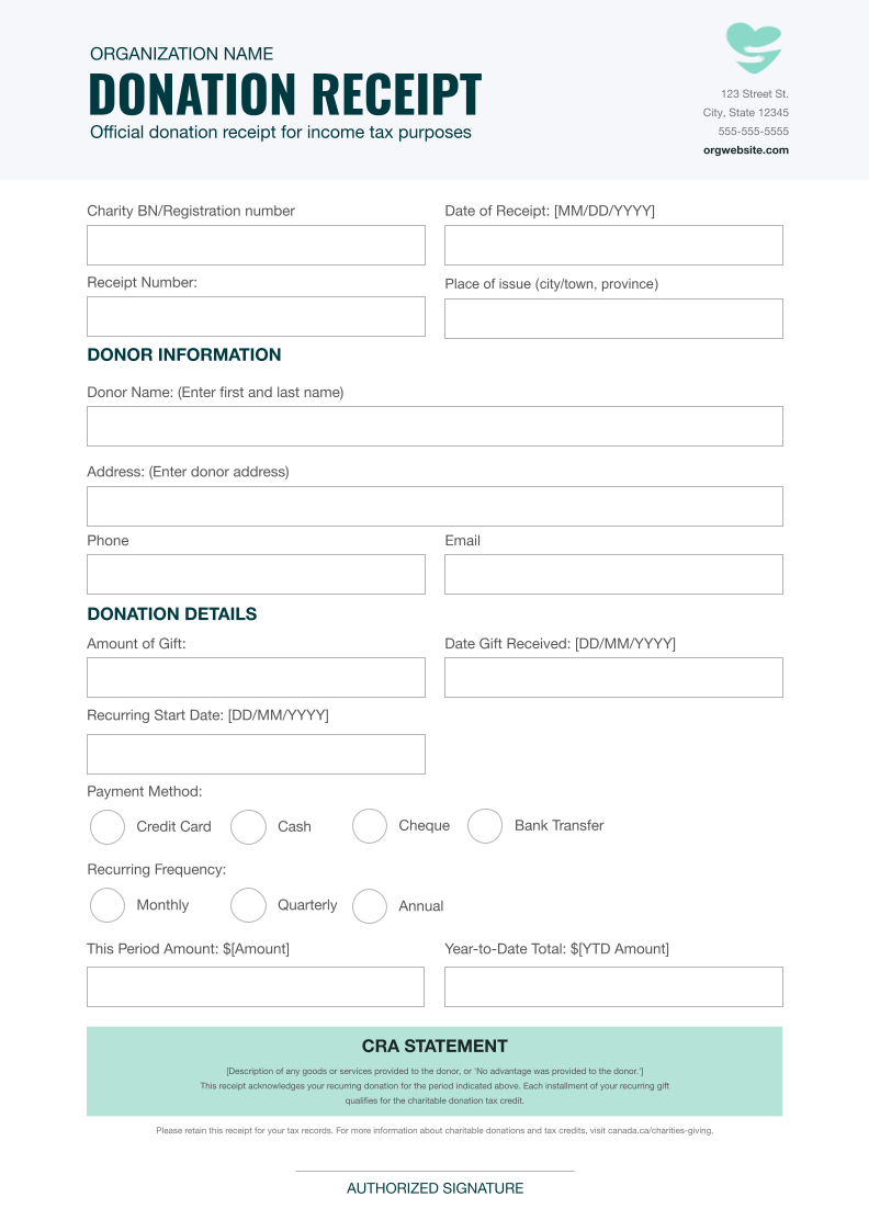 Free Recurring Donation Receipt Canada Template