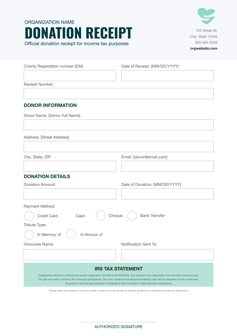 Free/Tribute memorial in-honor donation receipt US Template