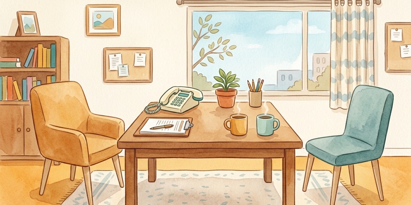 Sumac Case Studies Watercolor illustration of a welcoming assistance office desk