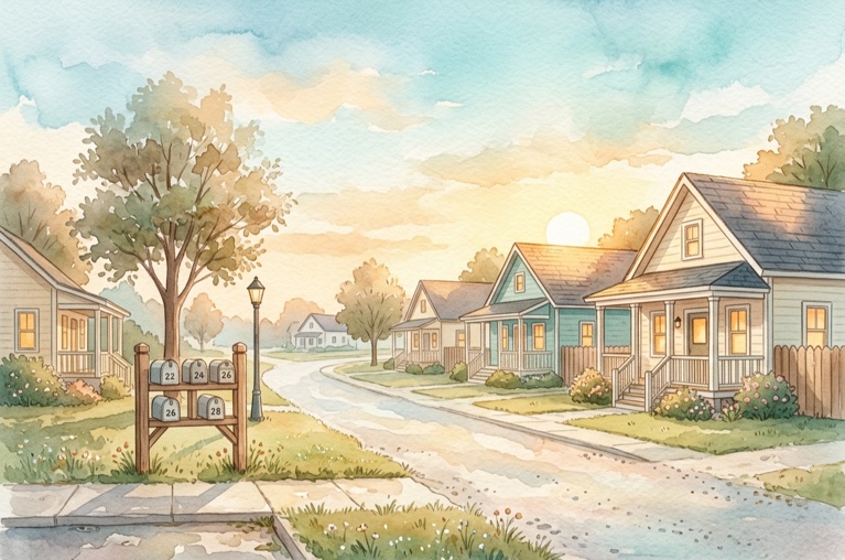 Sumac Case Studies Watercolor illustration of homes at sunrise with lit windows