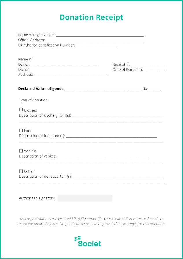 US in Kind Donation Receipt Template