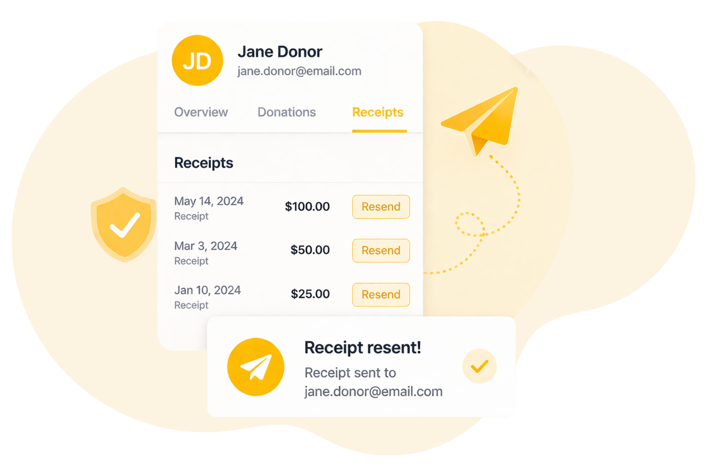 automate and resend donation receipts dashboard