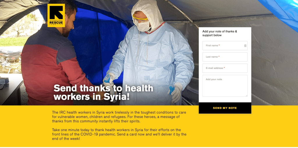 idées de collecte de fonds en ligne campagne par courrier électronique envoyer des remerciements à un agent de santé Syrie