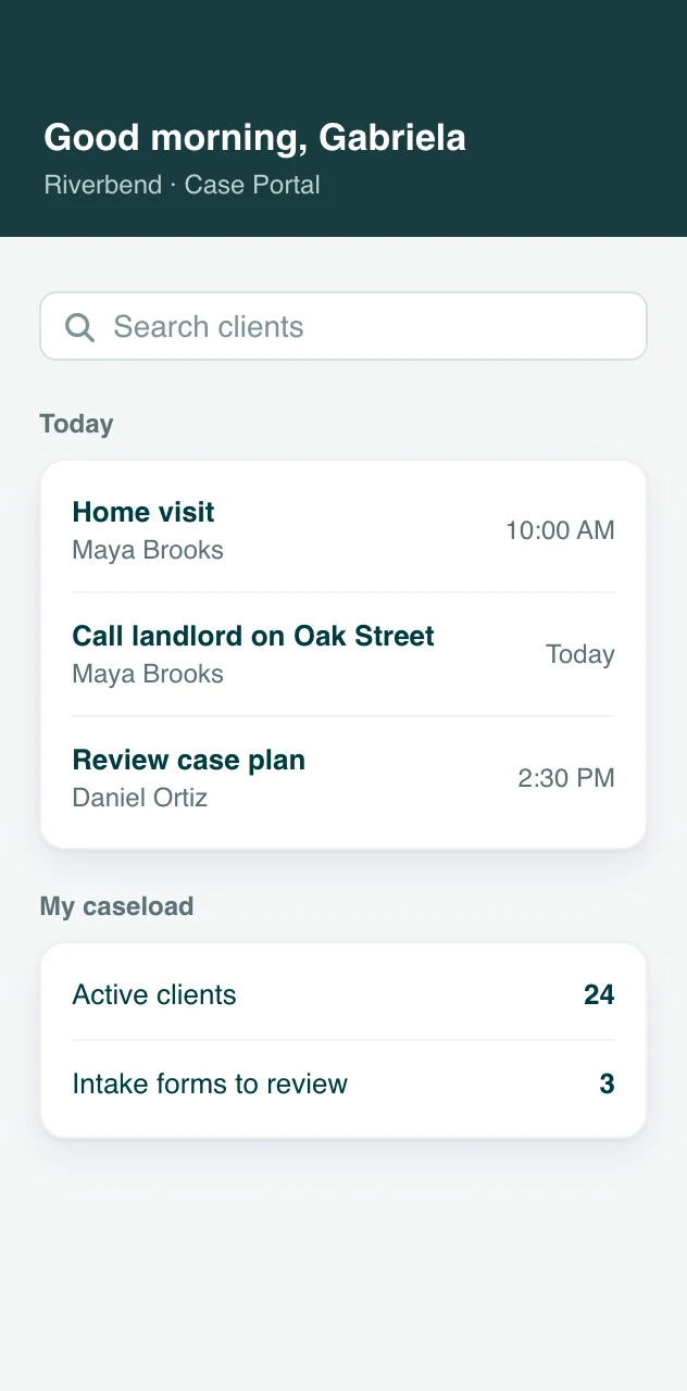The Sumac Case Portal on a phone: today's visits and reminders