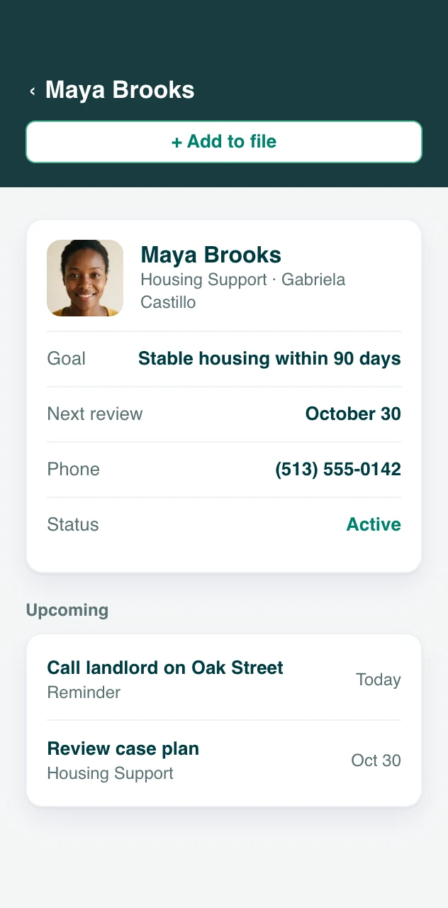 A client record in the Sumac Case Portal