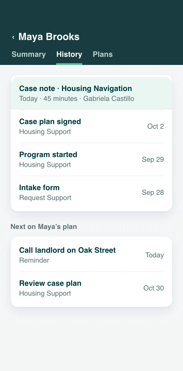 A client's history in the Sumac Case Portal, with the new case note on top