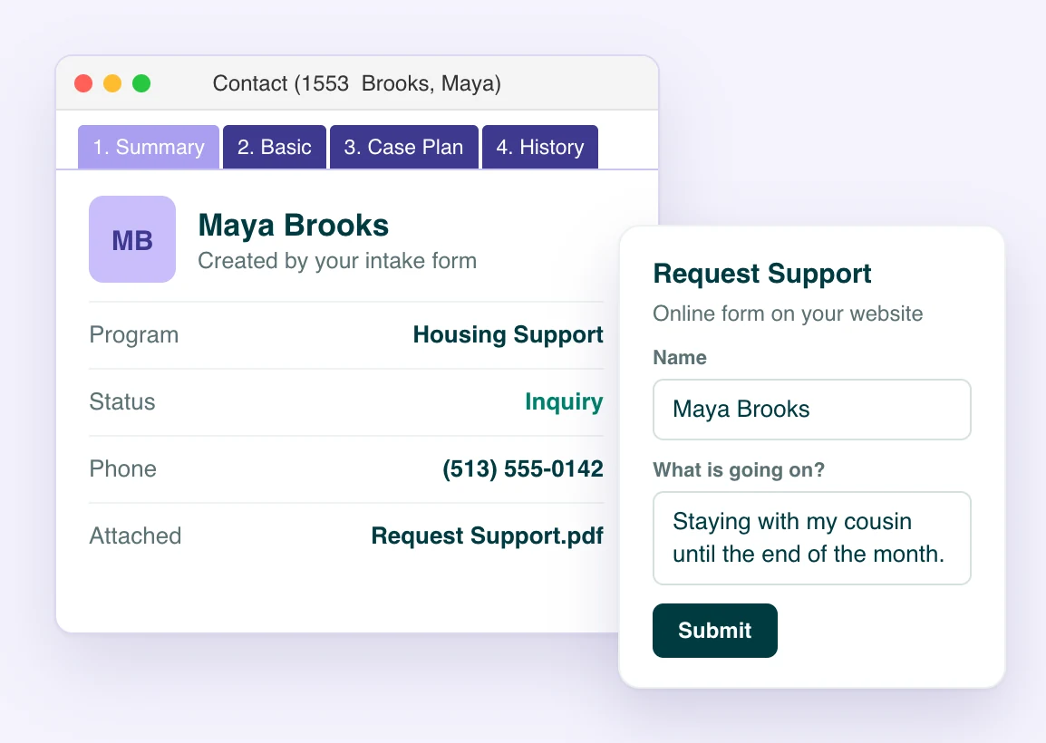 An online intake form and the Sumac client record it creates