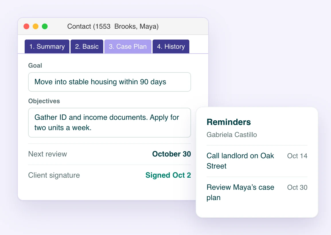 A Sumac case plan with a goal, objectives and the next review date, beside its reminders