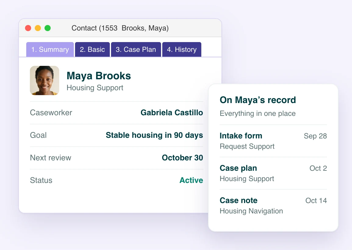 A Sumac client record with its intake form, case plan and case note